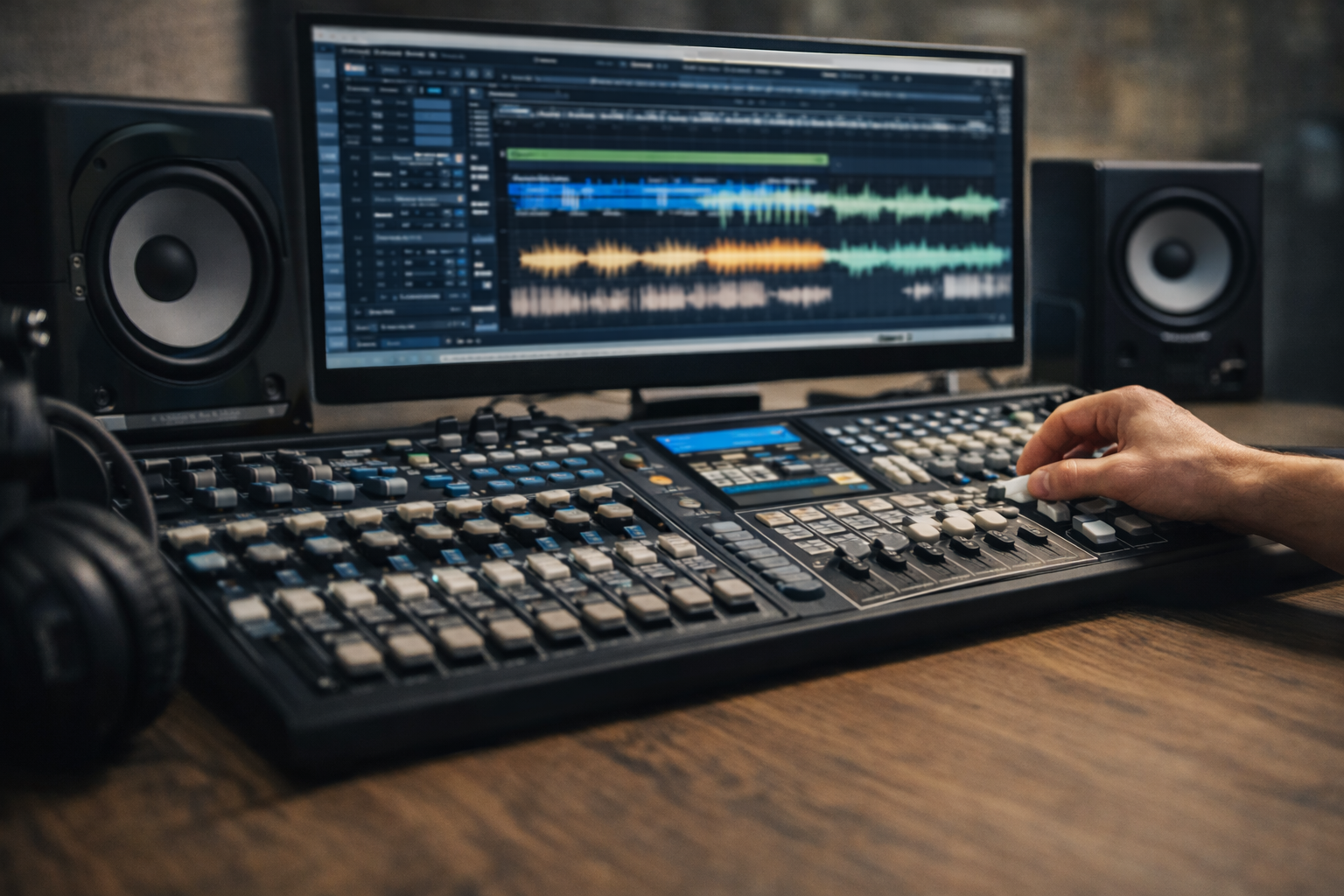 音声編集用コンソールと波形モニターを操作する様子