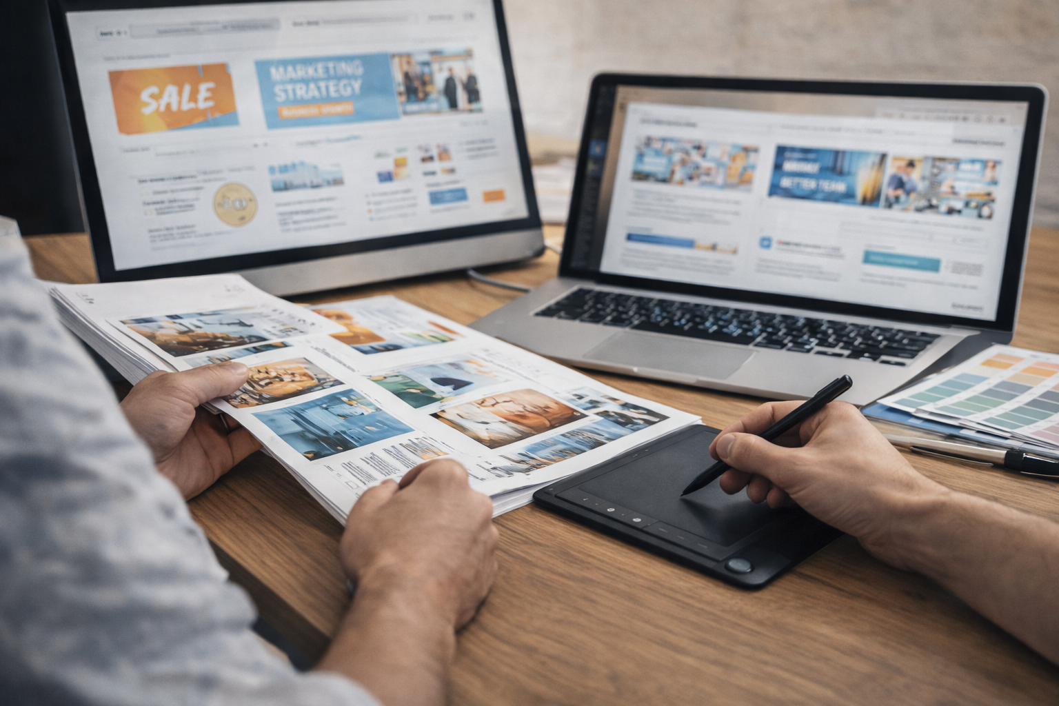 資料とタブレットを見ながらデザイン補助作業を行う様子