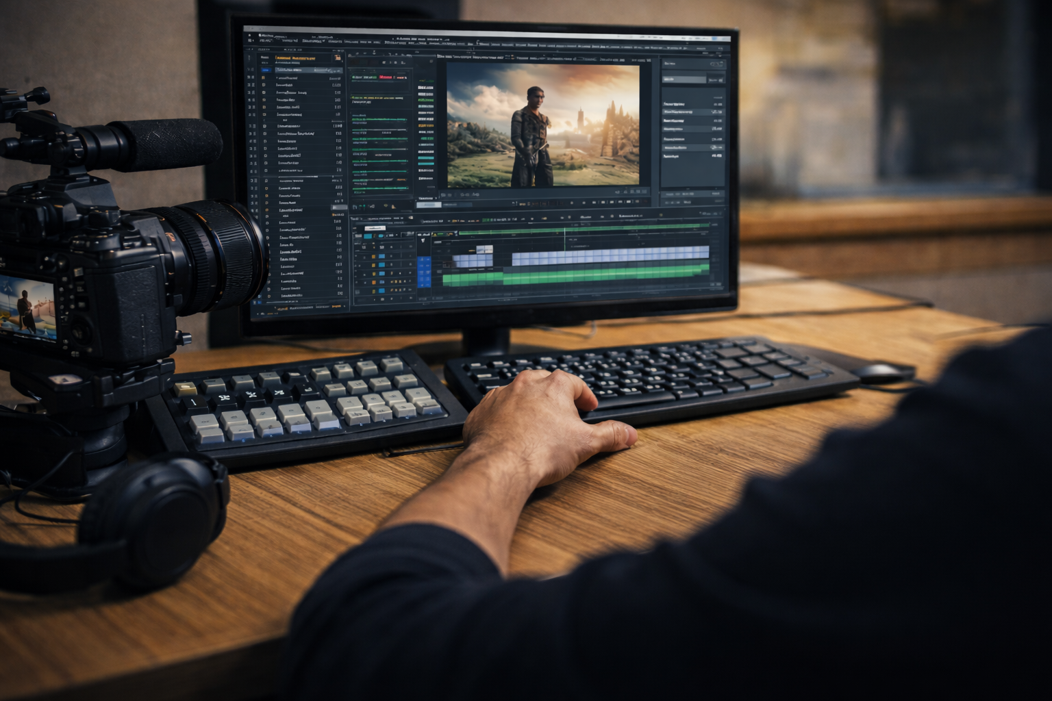 カメラと編集画面を使いながら動画編集を行う様子